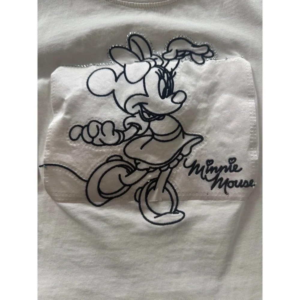 Zara T Shirt Girls 8-9 Off White Disney Minnie Mouse Embroidered Sparkle Tee